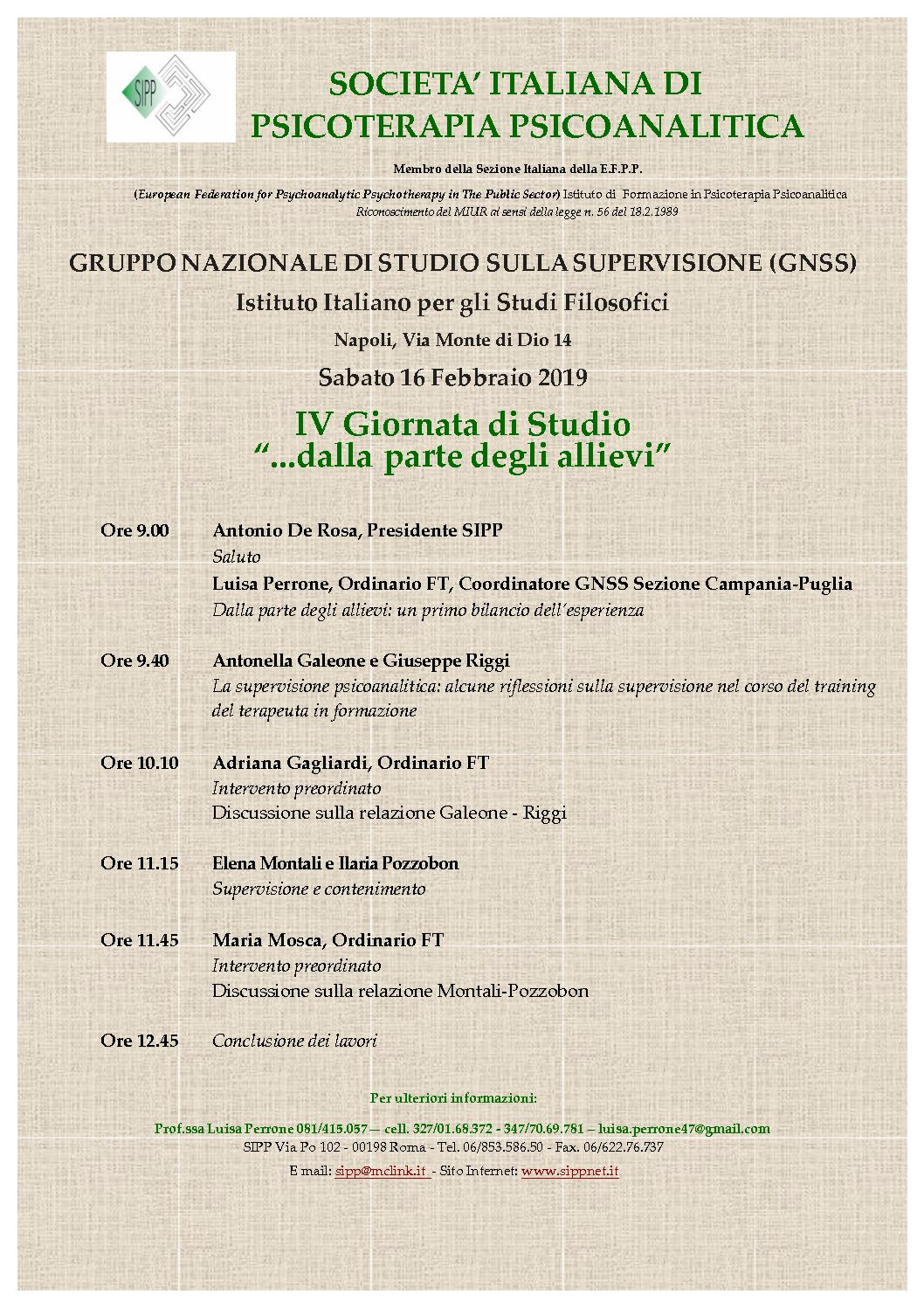 S.I.P.P. – Gruppo Nazionale di Studio sulla Supervisione – IV Giornata di Studio.