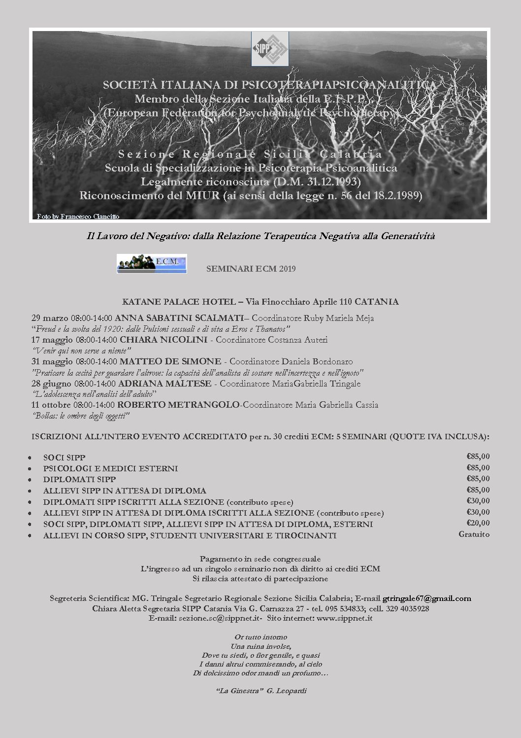 S.I.P.P. – Calendario Seminari E.C.M. 2019 – “Il Lavoro del Negativo: dalla Relazione Terapeutica Negativa alla Generatività”